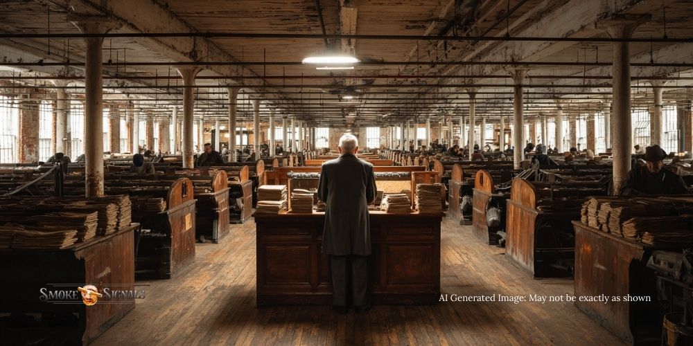 An older man stands at a large wooden desk stacked with papers in the center of a vast, dimly lit factory filled with rows of workers at sewing machines. Exposed beams, columns, and wooden floors create an industrial, early 20th-century atmosphere.