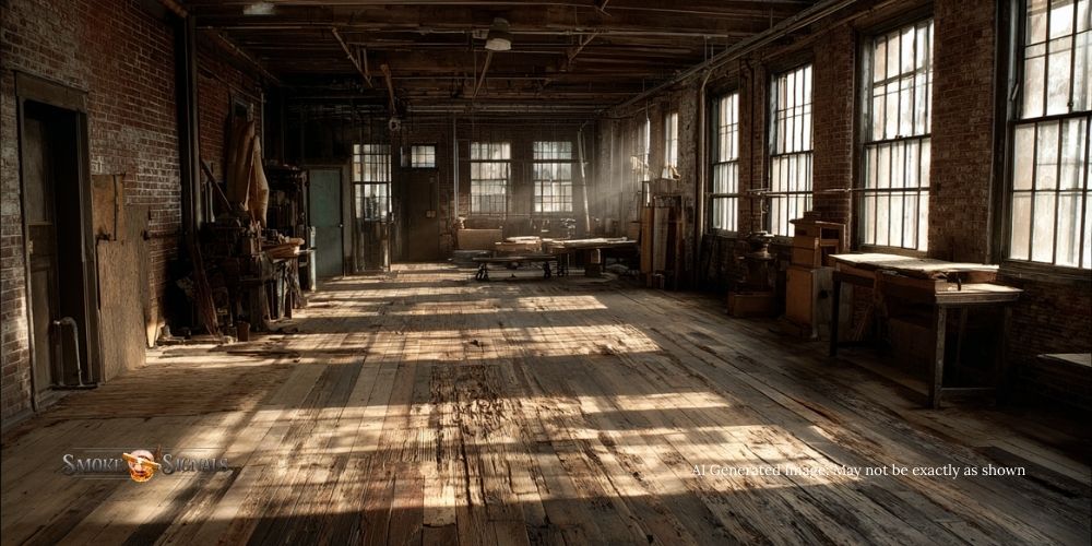 A spacious, sunlit woodworking shop with large windows, exposed brick walls, and a high wooden ceiling. Scattered workbenches, lumber, and tools are visible throughout the room. Sunlight streams in, casting shadows on the worn wooden floor.