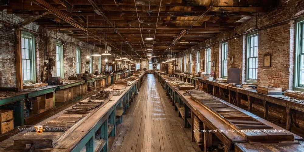 A long, narrow room in an old factory with wooden floors and high ceilings exposes beams and pipes. Workbenches lined with wooden parts and tools stretch down both sides, and tall windows let in daylight, illuminating the rustic brick walls and vintage industrial setting.