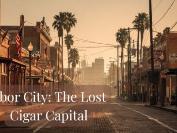 A sepia-toned image of an empty street in historic Ybor City, lined with old brick buildings, palm trees, and American flags. The morning sun casts long shadows. Text on the image reads: Ybor City: The Lost Cigar Capital.