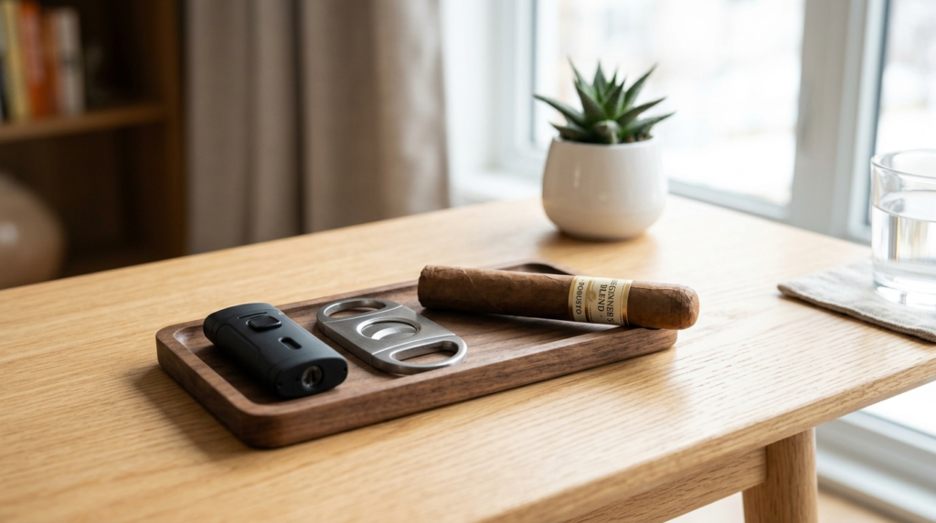 A wooden tray on a light wood table holds one of the best cheap cigars, a cigar cutter, and a black lighter. In the background, a small potted succulent and soft natural light complete this cozy scene. Beginner cigar setup with cutter and lighter showing how to start smoking cigars